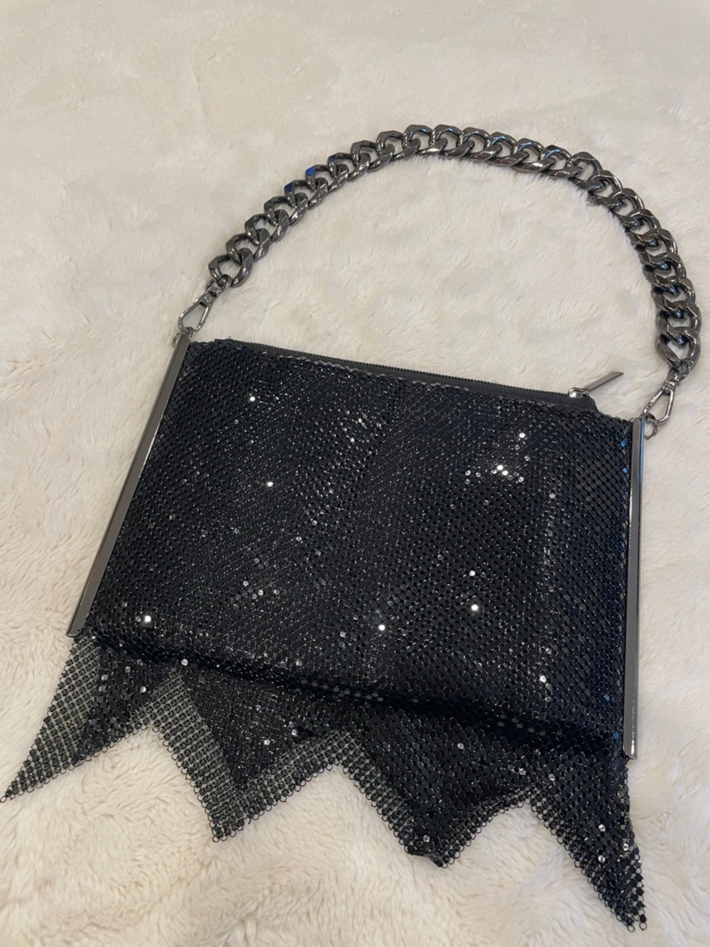 Black Sequin Mesh Clutch with Gunmetal Chain Handle
